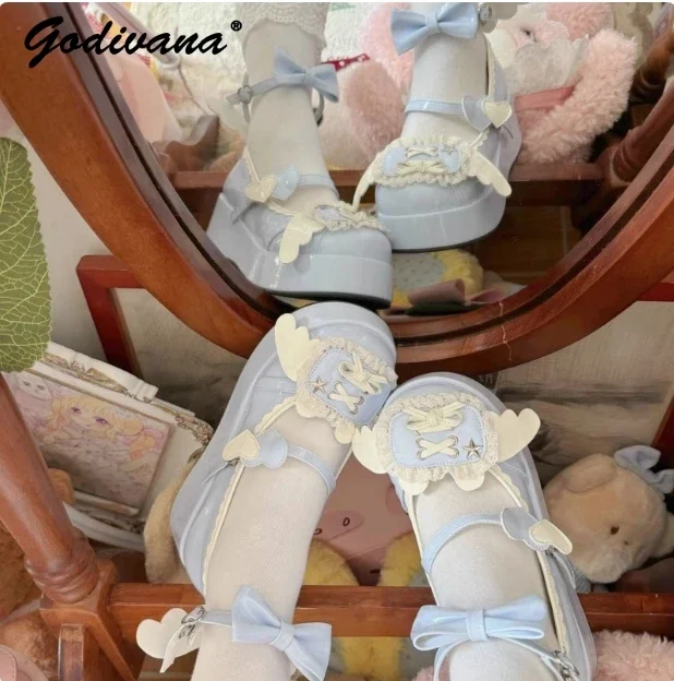 New Sweet Girls Round Head Lolita Platform Muffin Shoes Cute Japanese Style Women's Small Wings Leather Shoes Paltform Pumps image 6