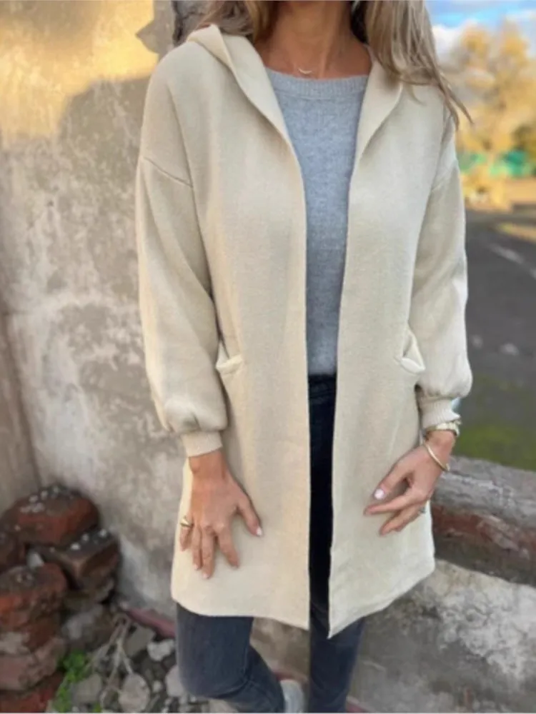 

2025 Autumn And Winter New Fashion Solid Color Wool Pocket Hooded Jacket Coat Women Casual Woolen Cardigan Jacket Пальто Женское