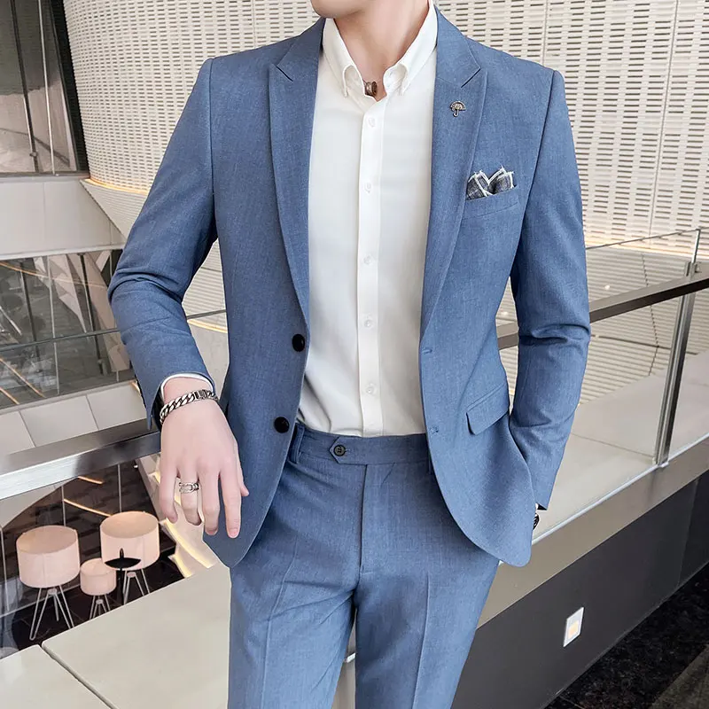 (Jacket+Pants) Fashion Men\'s Pure Color Leisure Suits Gray Blue Black Slim Fit Men Business Banquet Suit Set