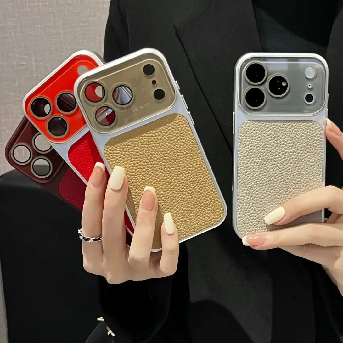 Vintage Lychee-Leder Handyhülle für iPhone 17 16 15 14 13 Pro Max, Matte Oberfläche, Stoßfest, mit Großem Kristallglas-Fenster
