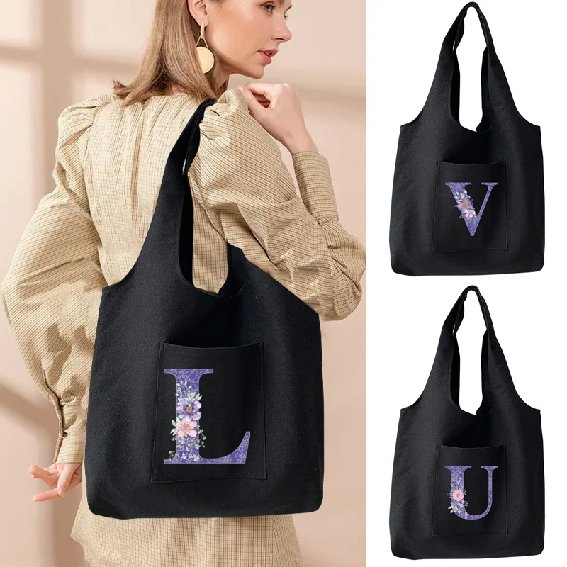 New Women Shoulder Bags Commuter Vest Bag Large Capacity Shopping Handbags Purple Flower Letter Ladies Casual Canvas Tote Bag