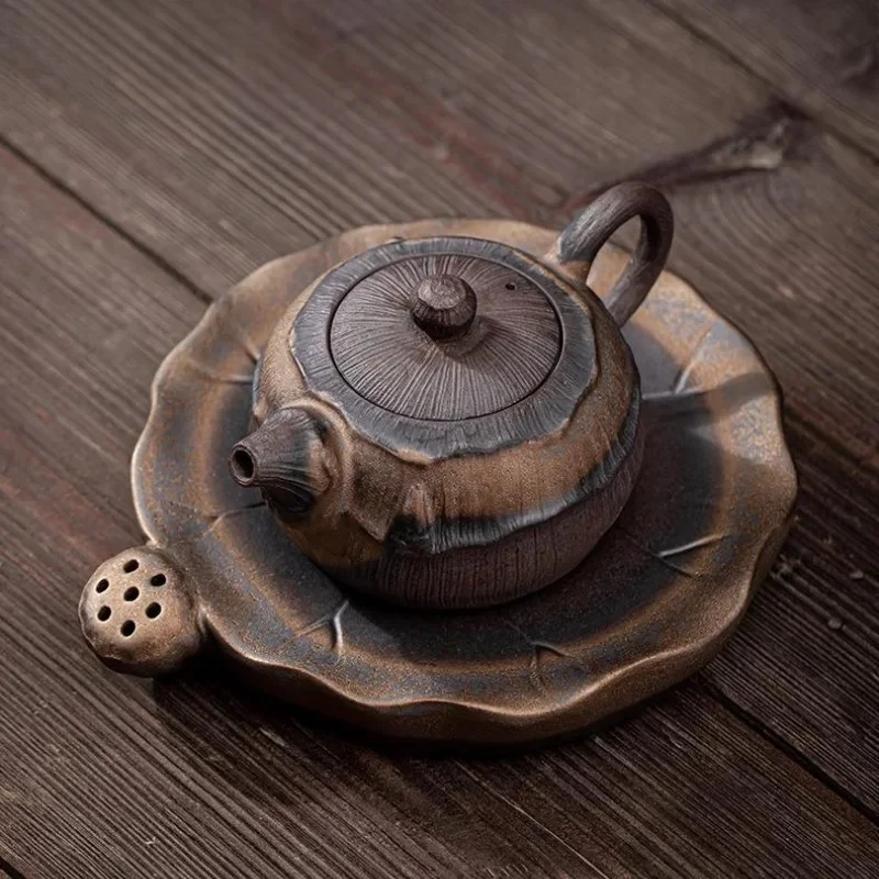 Iron Glazed Teapot Ruffle Base Ceramic Teapot Single Pot Tea Infusion Kung Fu Teaware Tea Making Utensils Tool Tea Art Teapots