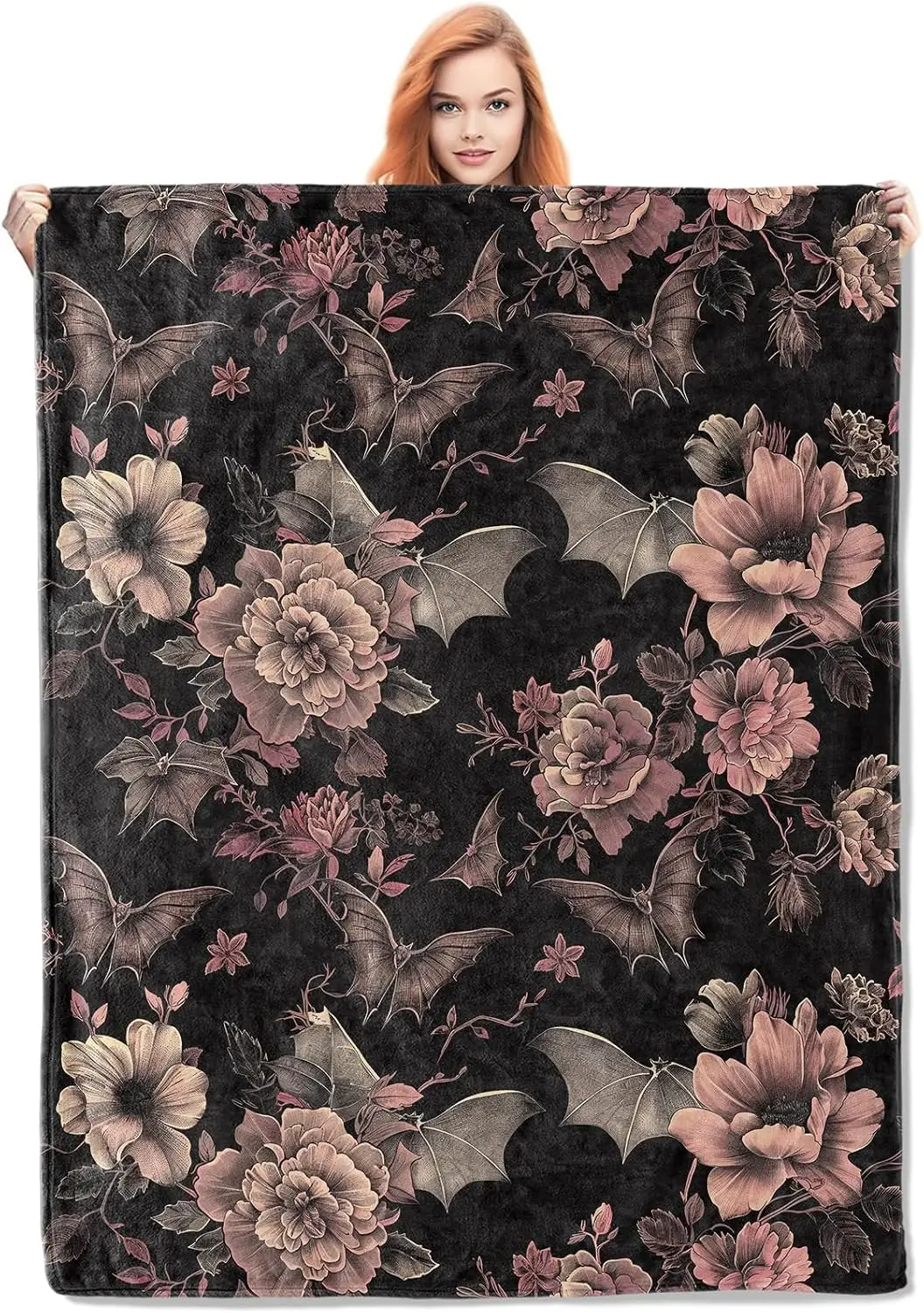 Fluffy Blanket for Winter Blankets for Bed for Single Bed Gothic Blanket, Floral and Bat Flannel Throw Blankets,Soft Warm