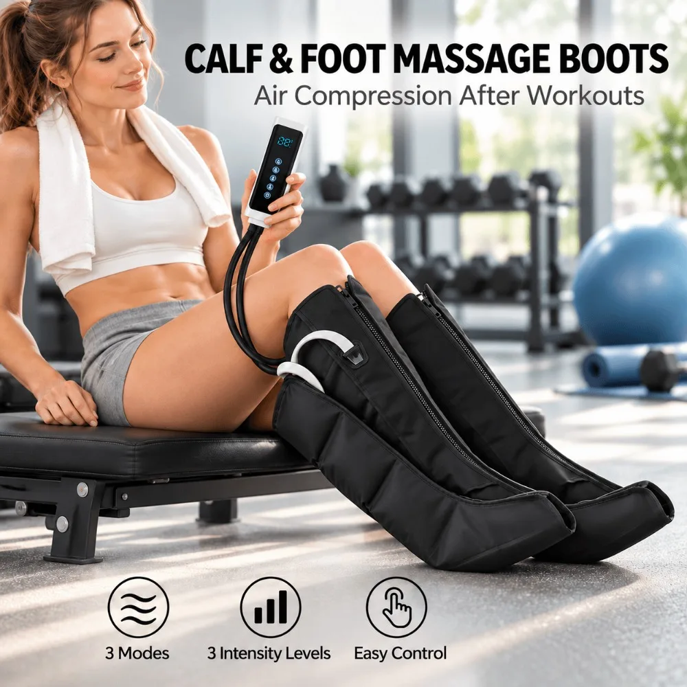 Air Compression Leg Massager, Calf and Foot Massage Boots, 3 Modes and Adjustable Intensity, Remote Control for Home Relaxation