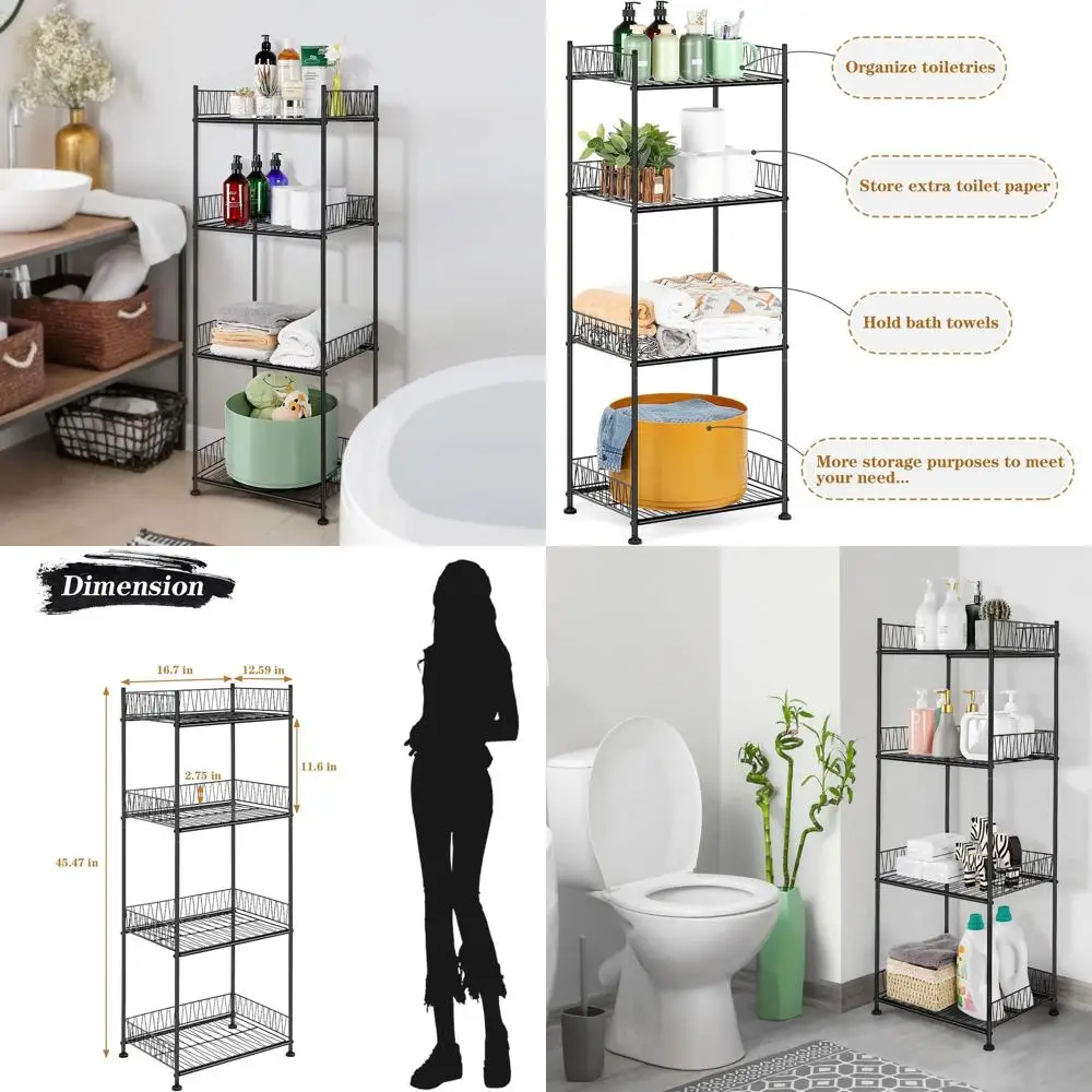 

Freestanding 4-Tier Wire Shelving Unit with Guard for Bathroom, Kitchen, and Laundry Organization, Black