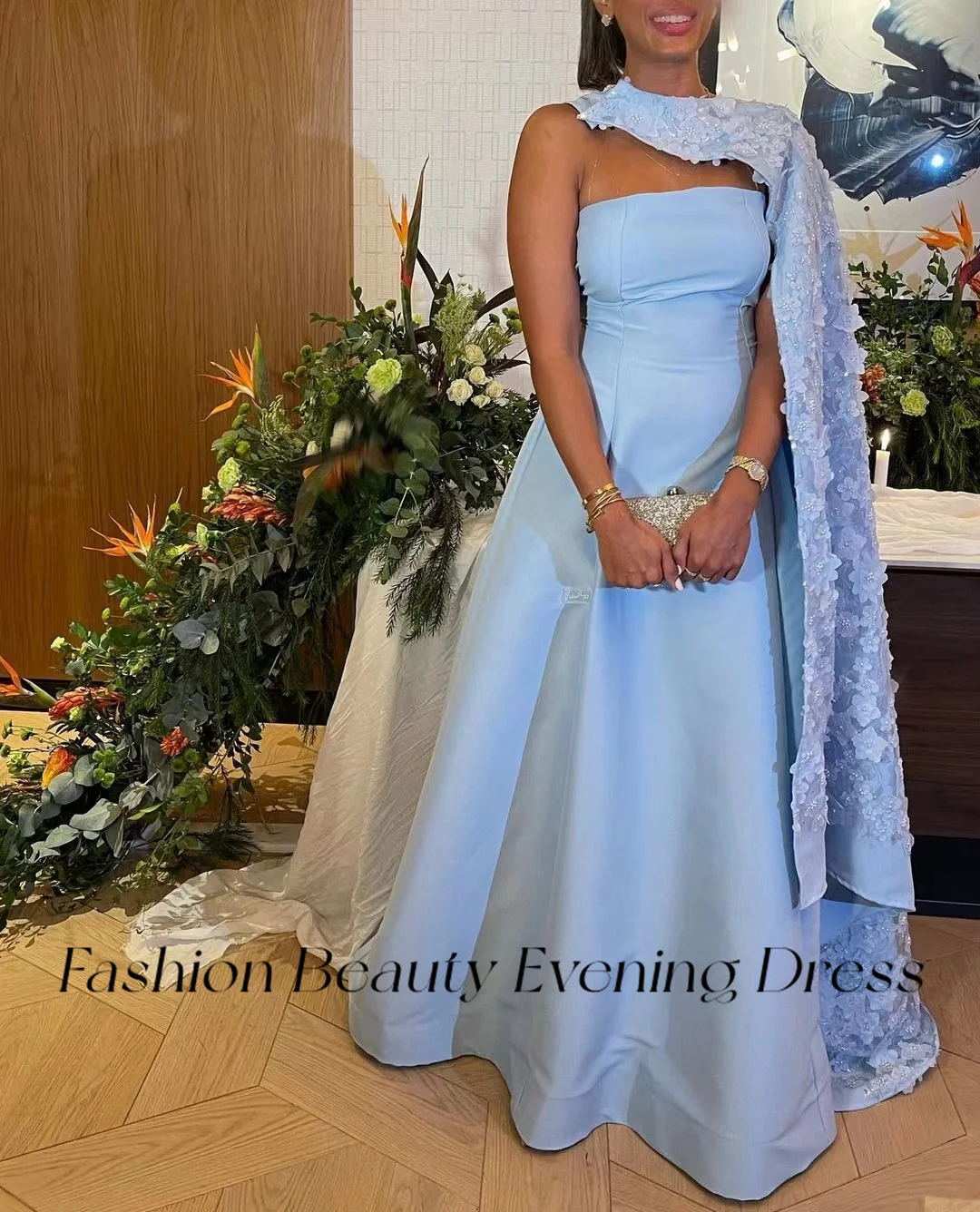 Robe de Rhen satin bleu clair sans bretelles pour femmes, cape brillante à fleurs, robe de soirée formelle, robes de gala éducatives, mode beauté, 2024