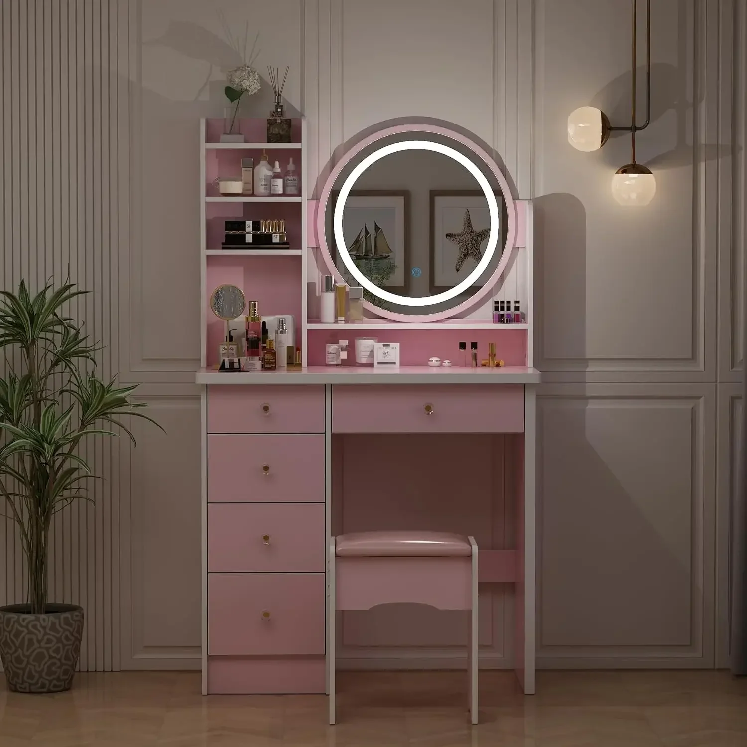 Vanity Desk Set with LED Lighted Round Mirror, Makeup Dressing Table with 5 Drawers, Storage Shelves & Cushioned Stool for Bedro