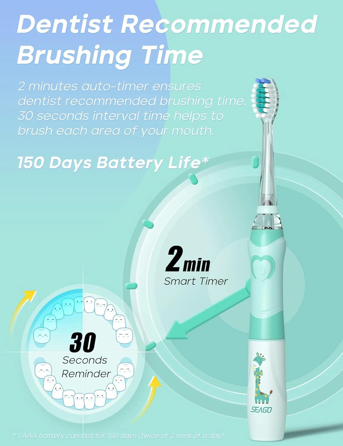 SEAGO SG-977 EK6 Kids Electric Toothbrush Battery Powered Cartoon Tooth Brush LED Colorful Light 2 Mins Timer For Kid Oral Care