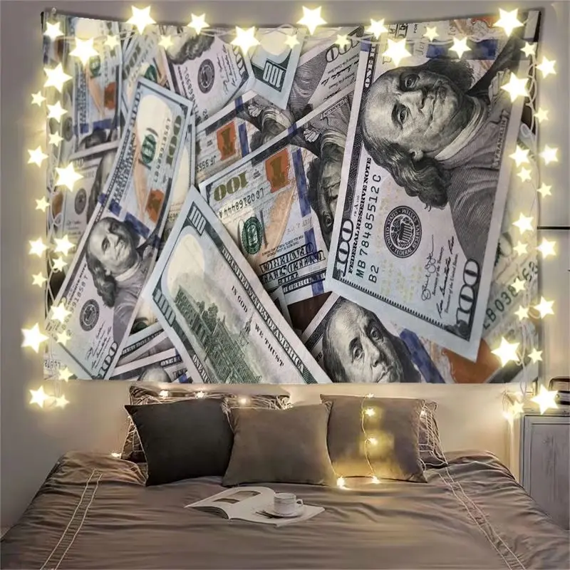 VIKAMA Flying Dollar Bills Sky Blue Tapestry Home Art Piece Wall Decor Bedroom Dorm Money Cash Rich Soft Durable Cozy Aesthetic