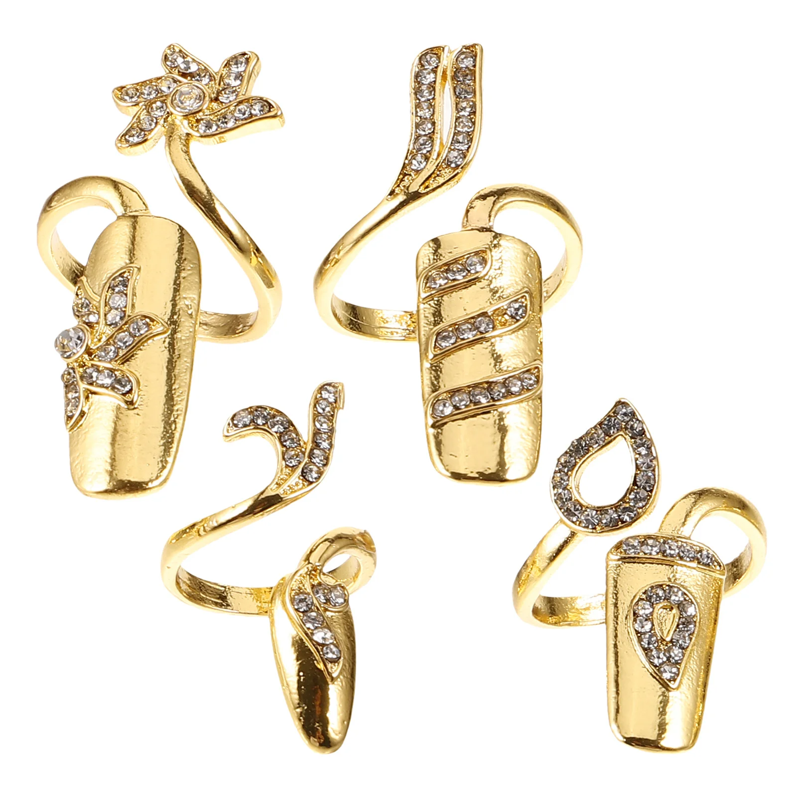 4Pcs Fashion Nail Rings Women's Rhinestone Fingernail Jewelry Alloy Finger Tip Rings Easy to Wear No Glue Needed Gift