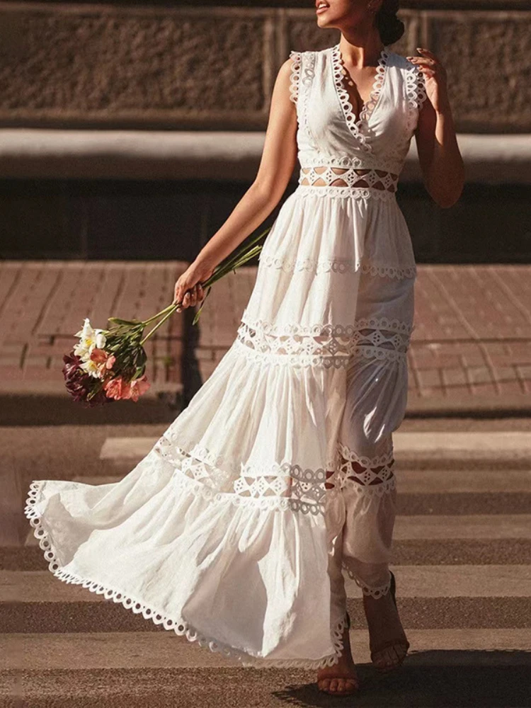 

2023 New In Lace Vintage White Maxi Dress Casual Beach Style Bohemian Hollow Out Sleeveless Boho Robe V-Neck Vocation