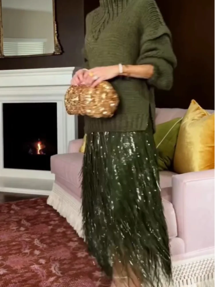 Green Sequin Midi Skirt Women Fashion Shiny Solid High Waist Bodycon Medium Length Skirts Lady 2025 Christmas Evening Party Gown