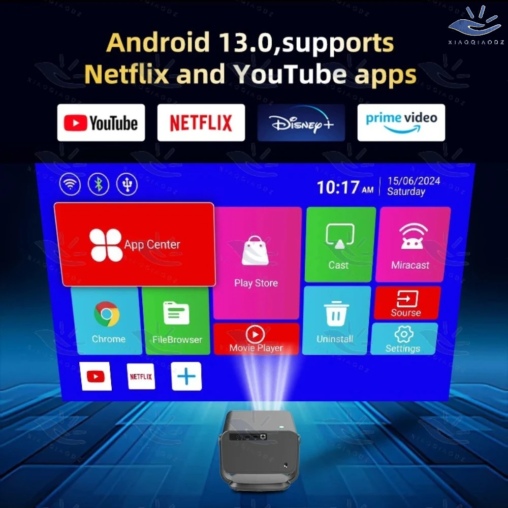 Projektor XIAOQIAODZ 4K Kino Domowe Smart LED 1080P Native Android Gry Wideo Telefon Kino Full HD Wifi BTEducate Automatyczny Fokus