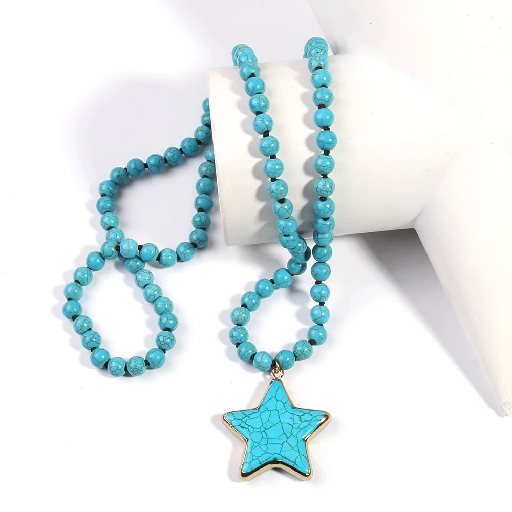 Fashion Bohemian Women Jewelry Turquoise/White Stone Long Knotted Necklace Star Pendant Necklaces for Women Gift