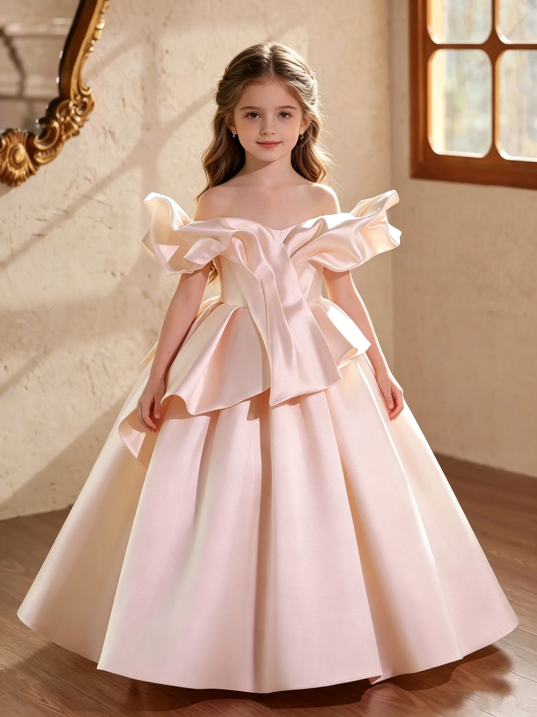 

Luxury Satin Off-the-Shoulder Satin Flower Girl Dress Ruffle Neckline Sleeves Pageant Dress Girls Birthday Wedding Gown