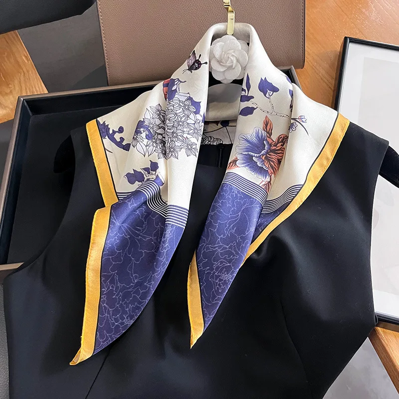 New Arrival 2024 Brand 100% Real Silk Satin Women Scarf Printed Foulard Femme Square Head Scarfs Bandana Shawl Gift For Lady