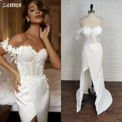 Vestido de noiva moderno com fenda frontal para mulheres, vestidos de casamento com renda, apliques de folhas 3D, personalizados, vestido de noiva barato, 2024