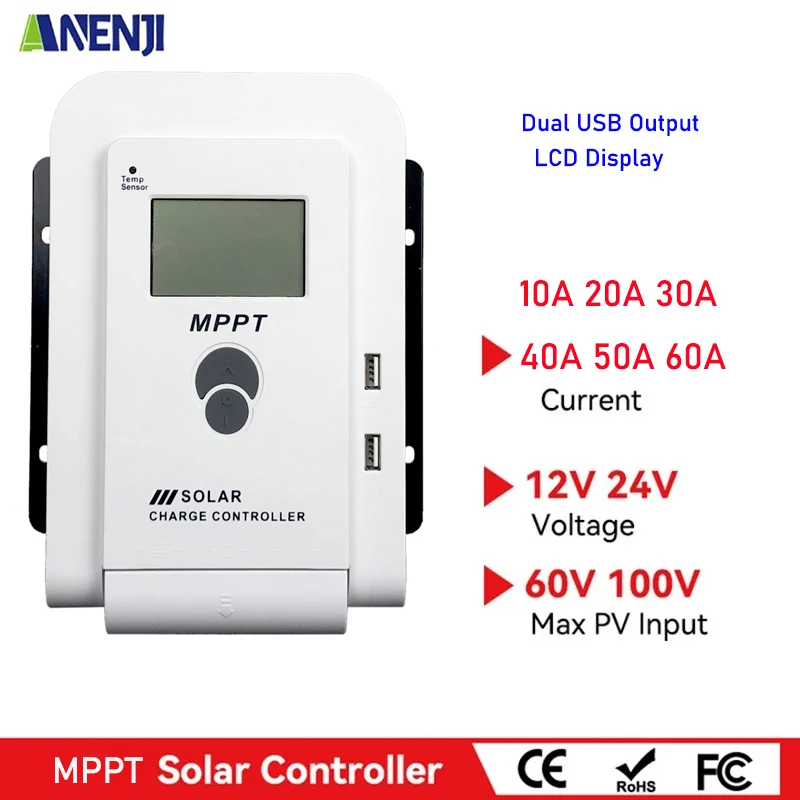 Controlador de Carga Solar Mppt com Display Lcd Controlador Automático Dual Usb para Painel Solar Regulador Fotovoltaico 12v 24v 60a 40a 20a