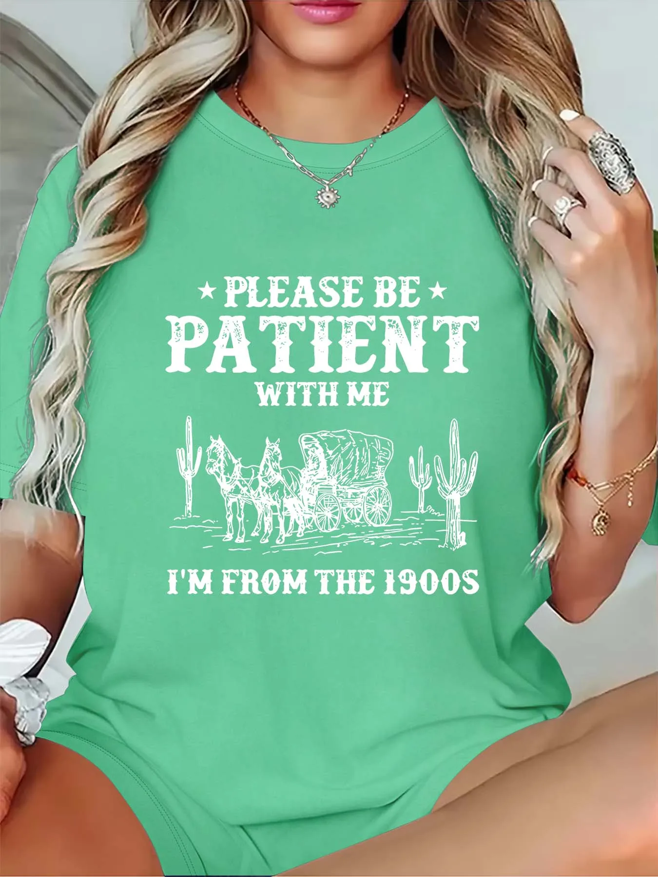

Plus - Size Women's T - Shirt, "PLEASE BE PATIENT WITH ME I'M FROM THE 1900S" Vintage Wagon Graphic Tee