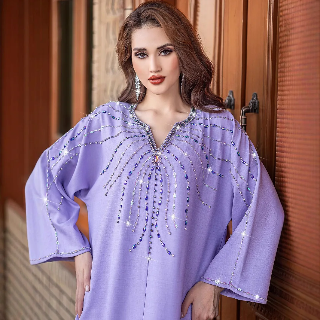 BA5149 new lilac purple heavy industry hand sewn rhinestone dress, Arabian robe, women's clothing