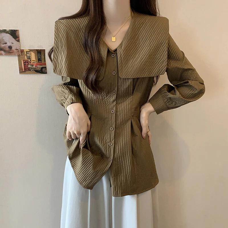 Large size women's autumn new chubby mm covered belly top for slimming  medium length doll neck long sleeved shirt for women