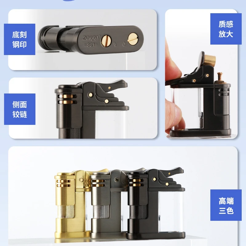 2026 New ZORROZ861 Visual Transparent Oil Tank Kerosiene Lighter Metal Men's Three-color Creative Kowtow Machine
