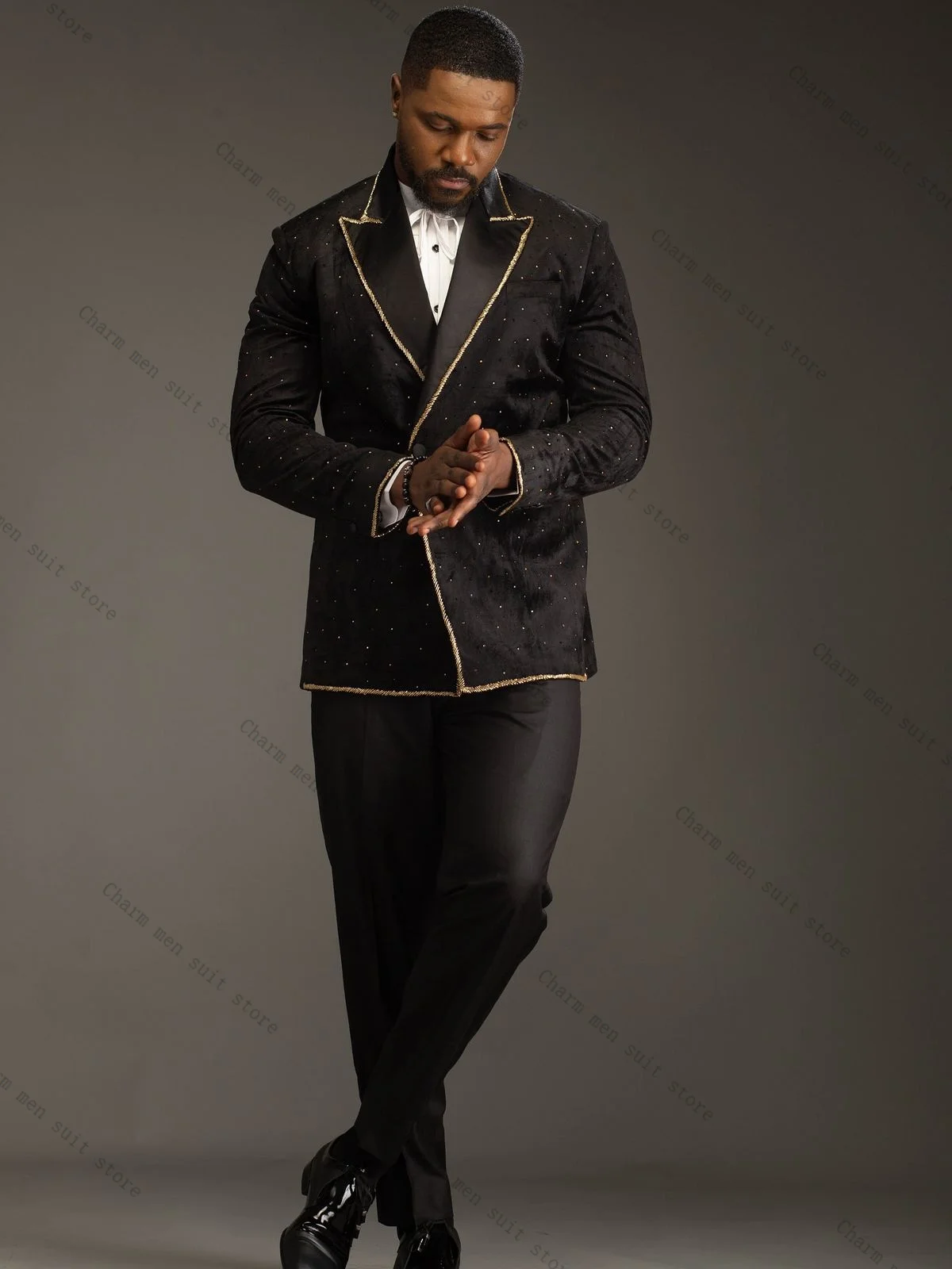 

Golden Crystals Men Suits Set 2 Pcs Blazer+Pant Trousers Black Wedding Tuxedo Formal Office Cotton Male Groom Prom Jacket Coat