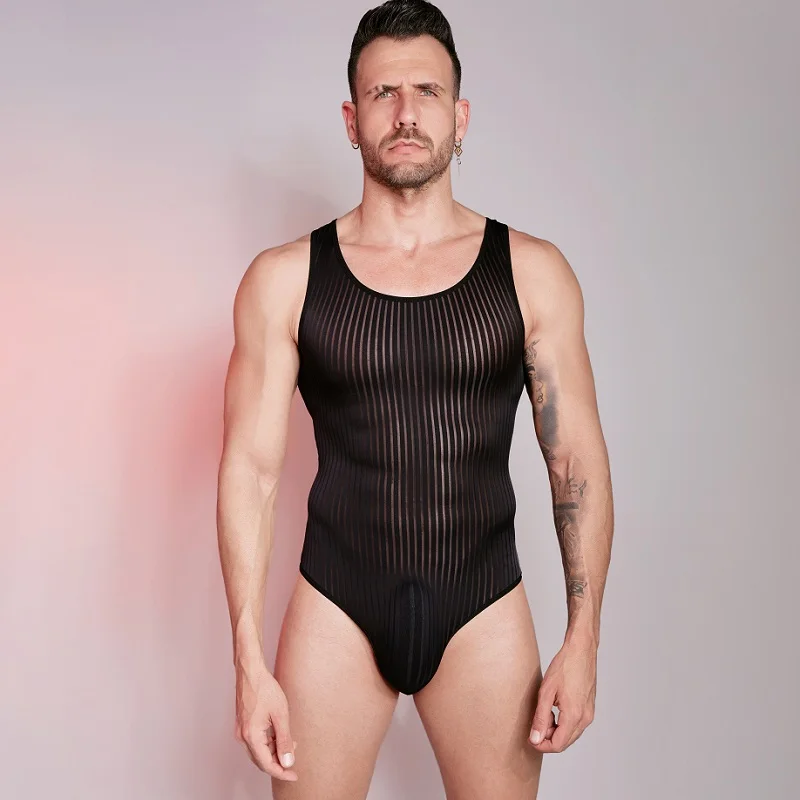 

Sexy Men's Striped Transparent Strap Bodysuit High Elastic Vertical Bar Swimwear Comfortable Sheer Onesie Erotic Lingerie Male