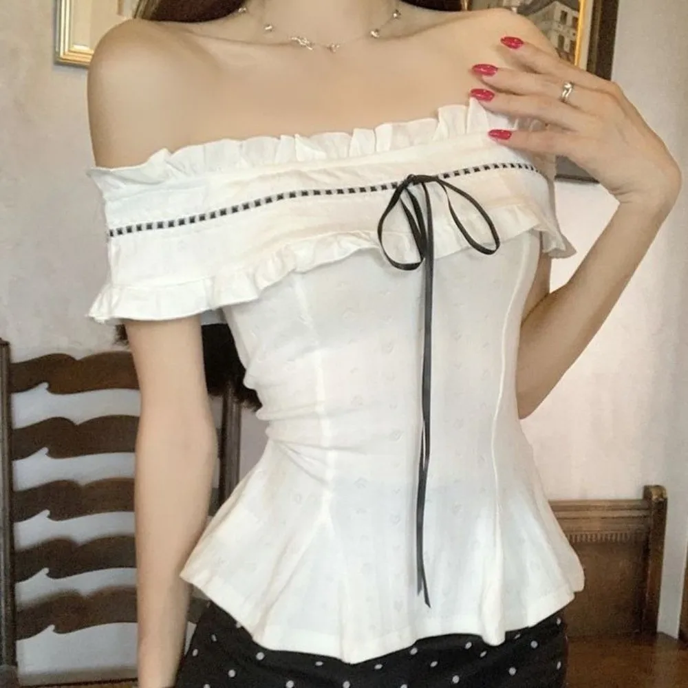 

Белая рубашка с открытыми плечами и рюшами на шнуровке, милый плиссированный воротник с бантом, рубашка с рюшами, топы в пряном стиле для девочек, утягивающие облегающие укороченные топы