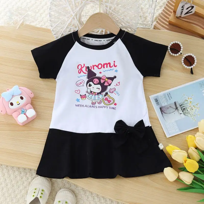 Anime Sanrios Children's Summer Dress Kuromi Girls Cotton Short Sleeve Skirt Cute Pleated Skirt Preppy Style New Kids Clothes