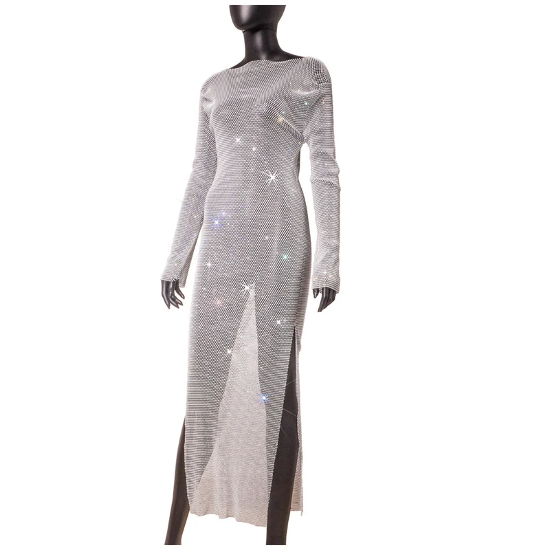 Hochwertiges langes Kleid für Damen mit funkelnden Strass-Steinen, Fischnetz, Rundhalsausschnitt, lässiges Tanzkleid, ausgehöhlt, für Nachtclub-Partys – Detail 13