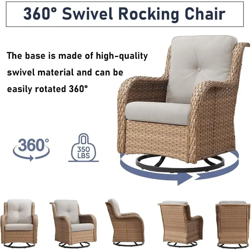 Set of 3 Swivel Outdoor Wicker Rocking Chairs with Side Table, Ideal for Patio, Porch, Yard, Deck, and Poolside, Yellow/Beige