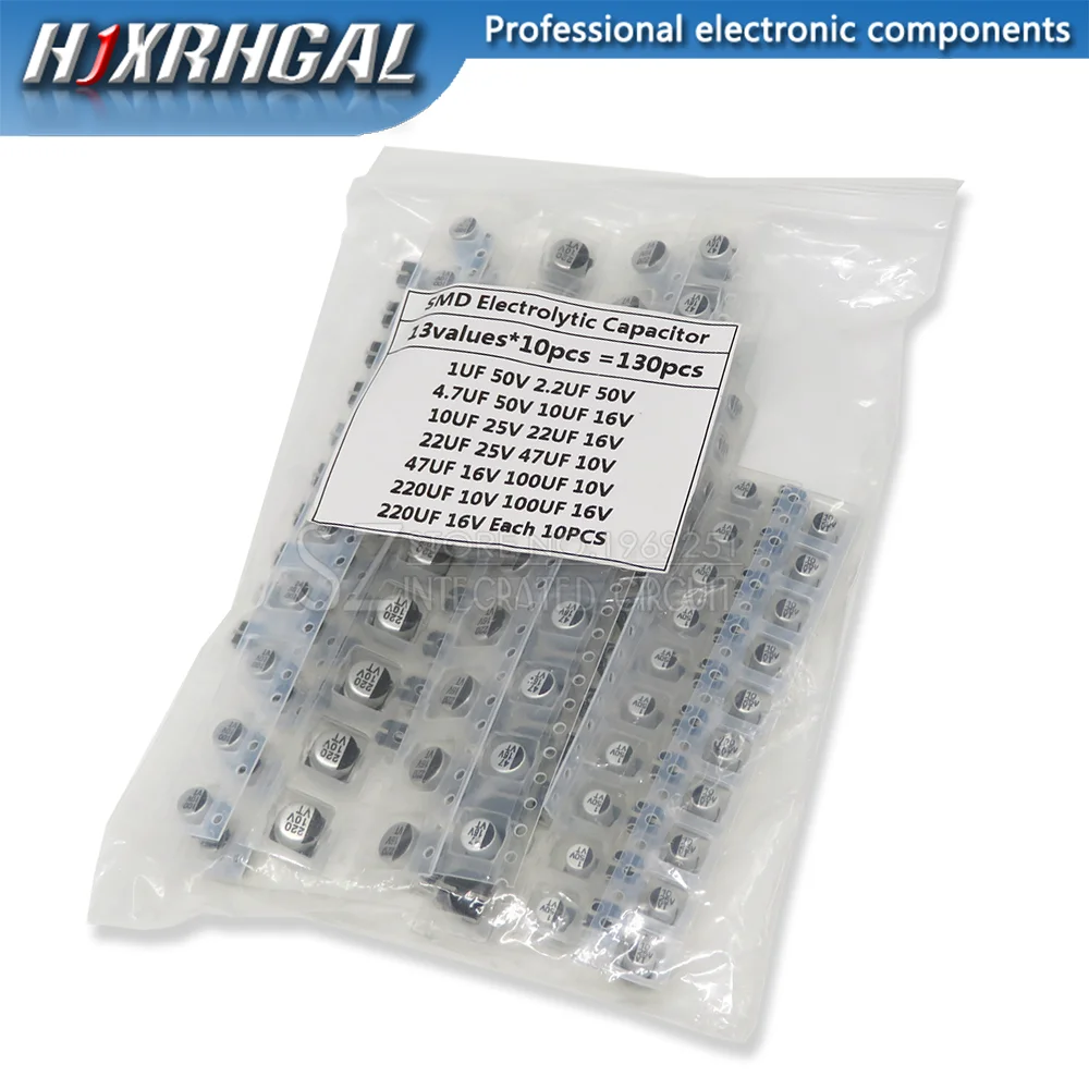 130pcs/LOT 1uF-220uF SMD Aluminum Electrolytic Capacitor Assorted Kit Set, 13values*10pcs=130pcs Samples Kit