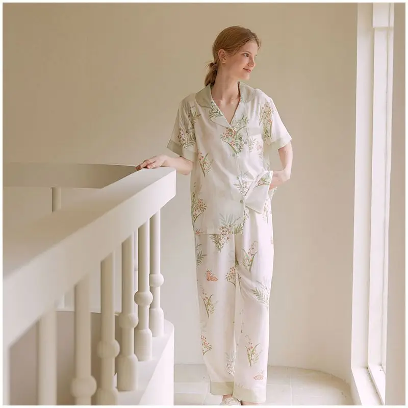 Elegant Printed Double Layer Bamboo Fiber Short Sleeved Loungewear Set Contrasting Colors Summer Pajama Set XL Size Elegant Cozy