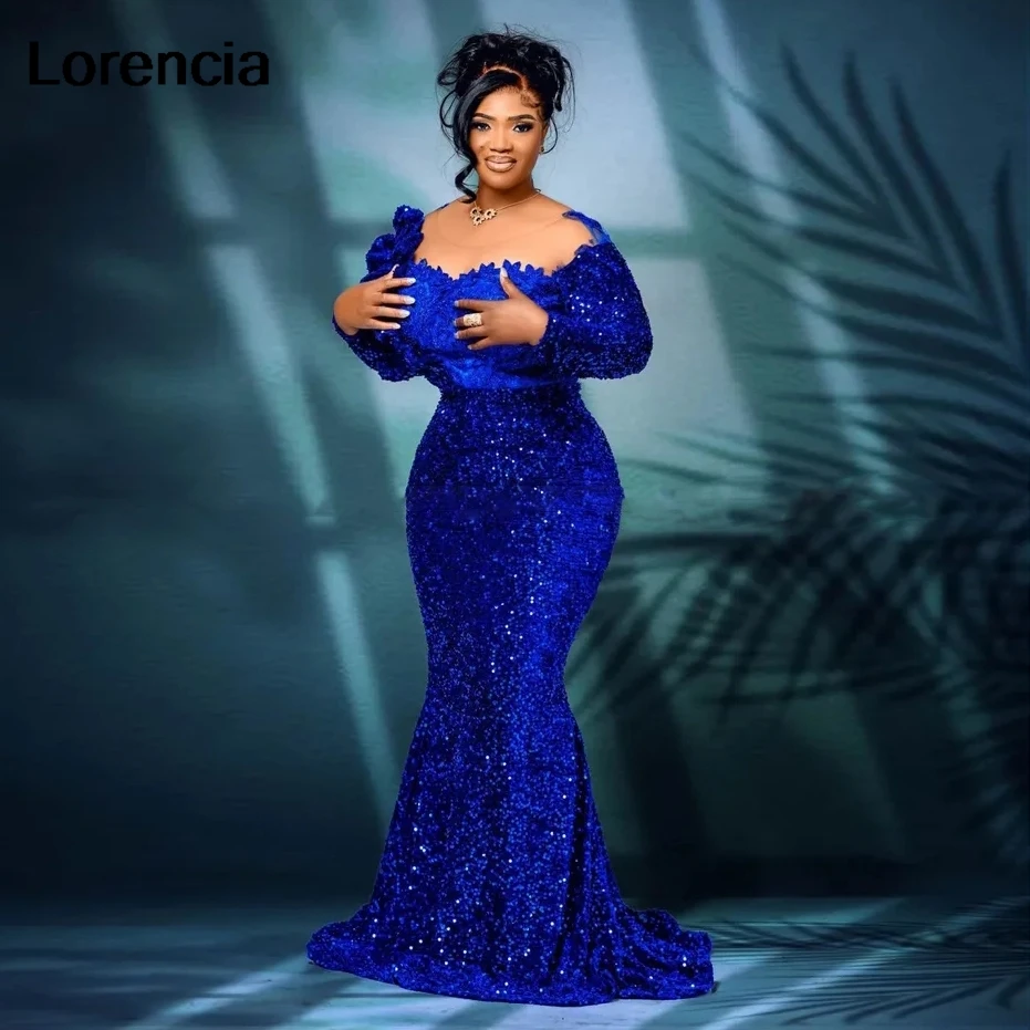 Lorencia Royal Blue Sequins African Prom Dress Black Girl Nigerian Sequines Mermaid Formal Evening Gowns Robe De Soiree YPD13