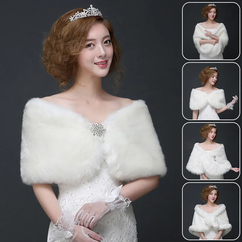 Women Wedding Cloak Ivory Faux Fur Shawl Bridal Winter Warm  Fashion Elegant Bolero Wrap Shawl Bride Jacket Coat Accessories