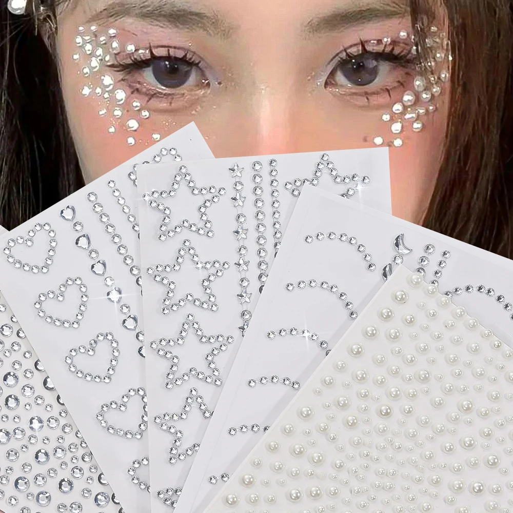 5Pcs 3D Clear Face Decorations Rhinestone Stickers Sparkling Star/Love Jewelry Adhesive Tattoo Sticker DIY Simulated Pearl Decor