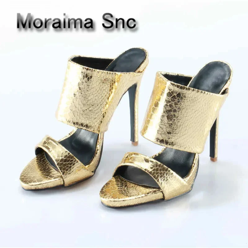 Moraima Snc Gold/silver Python Leather Mules Slip On High Heels Women Sandals Slide Open Toe Flip-Flops Summer Slipper Pantuflas