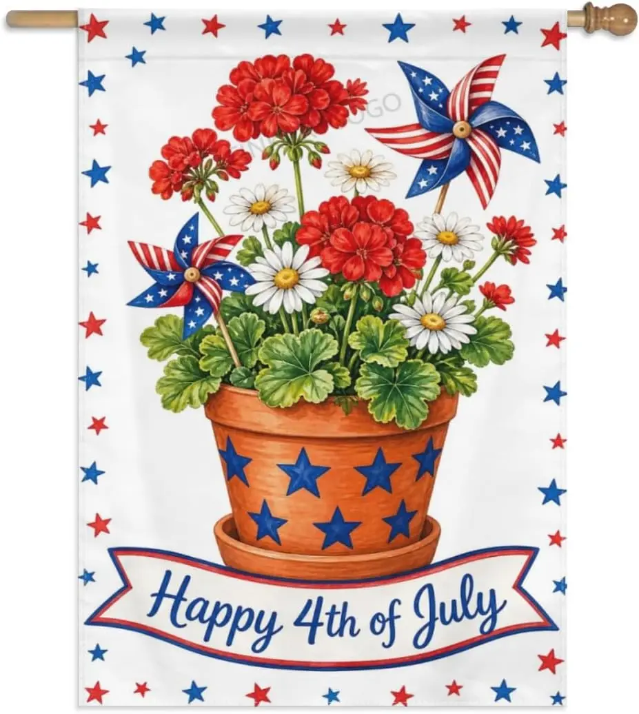 Patriotic Flower Pot Garden Flag Red Flower Pot with Geraniums Daisies and Pinwheel Happy 4th of July 28x40 Inch Double Side aaz