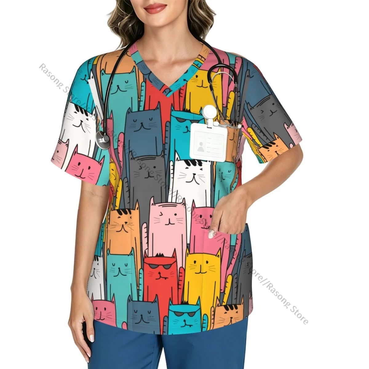 Colorful Cats Art Scrubs tops medical uniforms women V Neck Stretch Scrub Shirt Dentist doctor Blouse