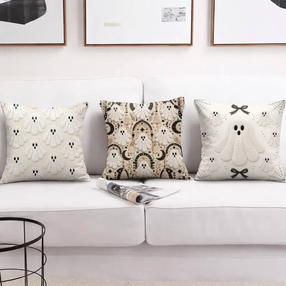 Halloween Spooky Ghost Cushion Cover Double-Sided Plush Sofa Cushion Covers Organic Breathable Invisible Zipper