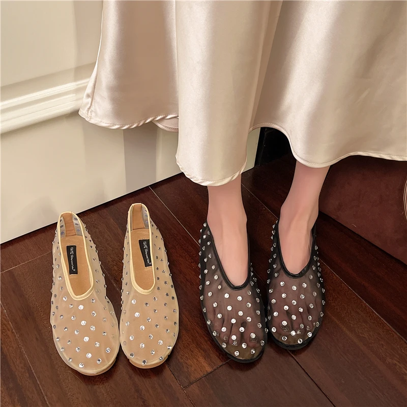 Rhinestone Flat Bottom Mary Jane 2025 Spring New Mesh Perforated Breathable Ballet Evening Shoes