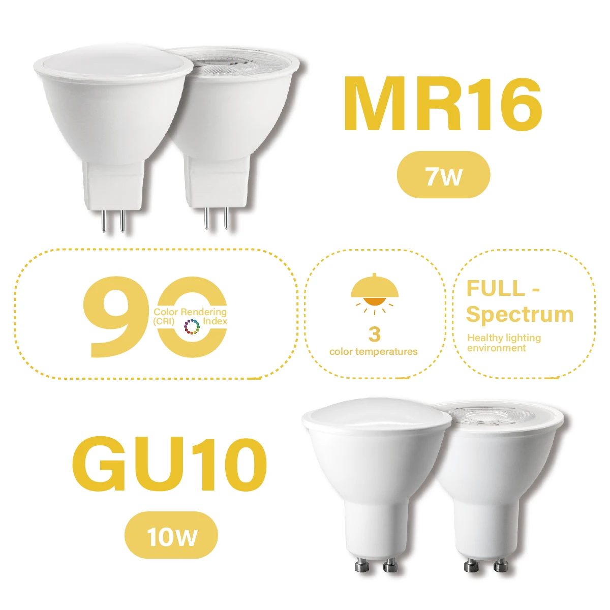 CRI90+ Full Spectrum MR16 GU10 Spotlight Lamp 7W 9W, Universal AC100-240V, Halogen Replacement for Cabinet Indoor Lighting