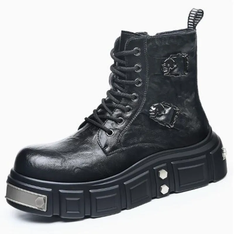 Fashion Mens Metallic Motorcycle Boots Street Style Punk Rock Thick Bottom Dual Buckle Mid-Calf Design Collision Resistant Boots
