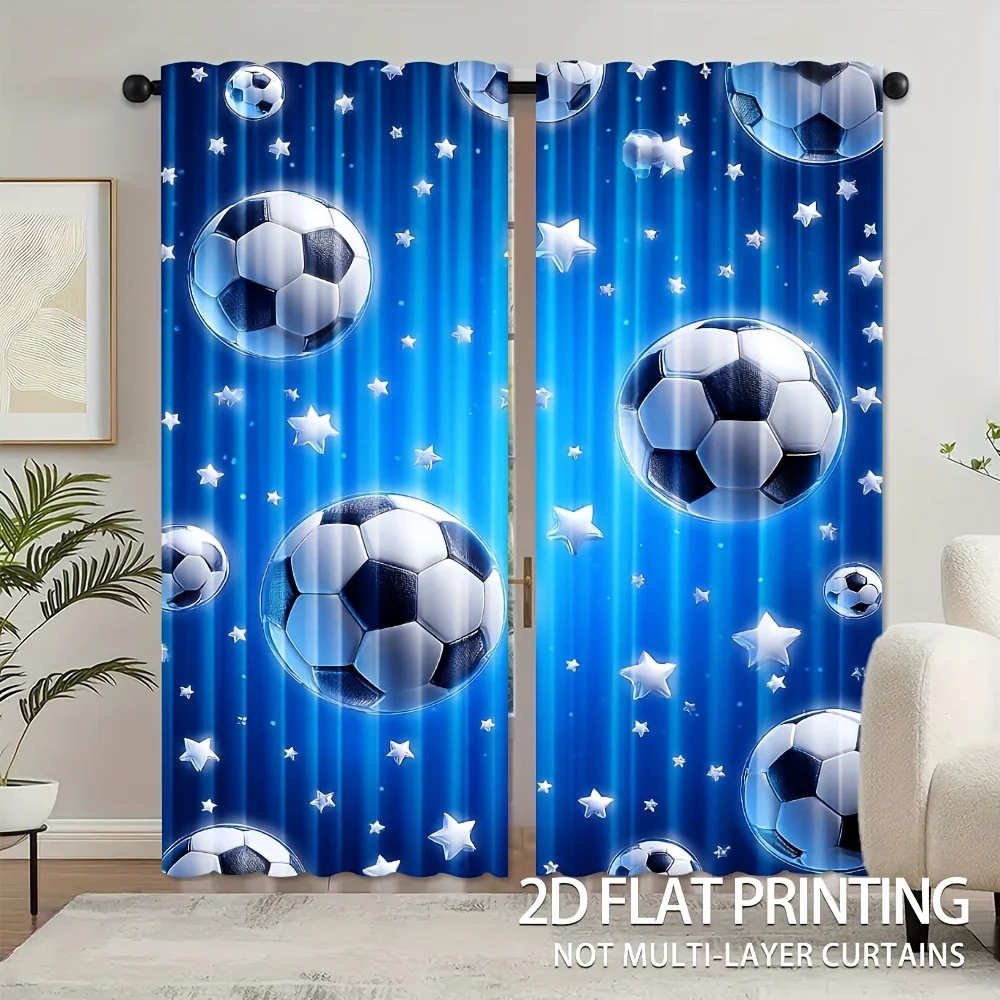 2pcs Soccer Ball Print Curtains Stars Pattern Sport Style Blue Polyester Window Drapes for Kids Bedroom Playroom