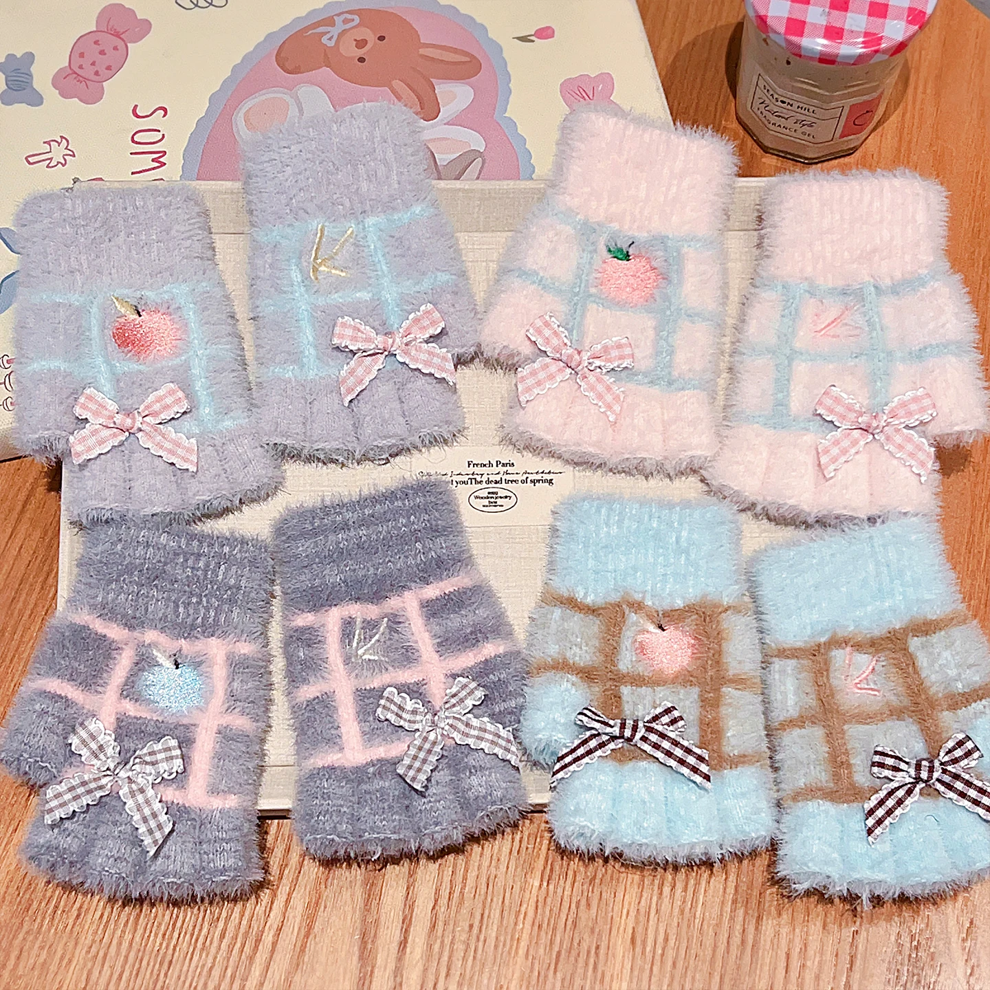 6-10 Years Cute Girls Plaid Bowknot Flip Plush Mittens Winter Warm Convertible Half Finger Gloves Kids School Daily Gloves 2026