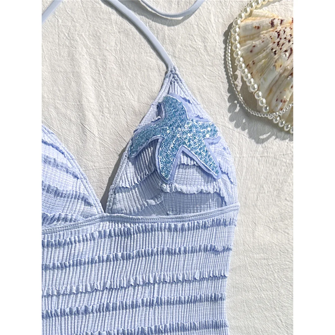 Neuer einteiliger Badeanzug mit V-Ausschnitt und Neckholder, bedruckt mit Seesternmotiv, Damen-Badebekleidung, Damen-Badeanzug mit gerafftem, hoch geschnittenem Beinausschnitt, Badeanzug, Modell V8431. – Detail 19