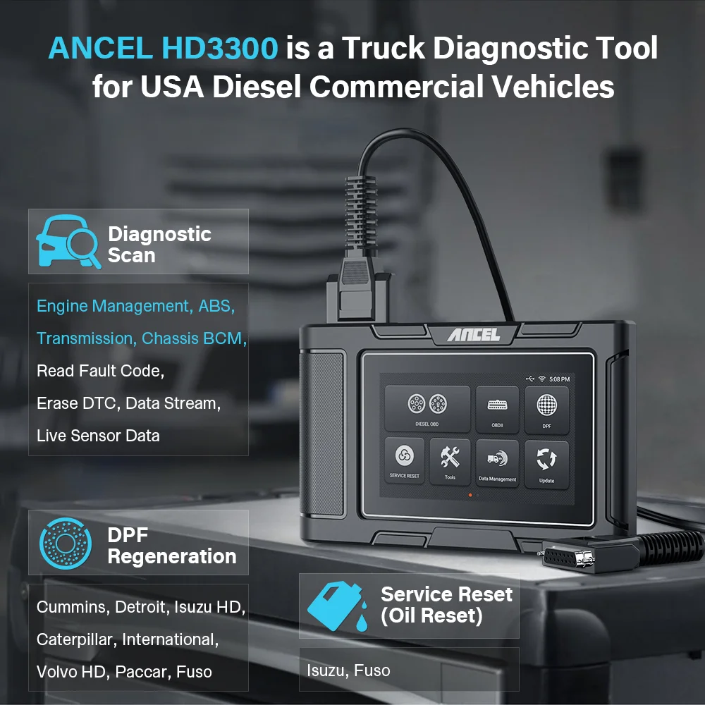 ANCEL HD3300 Heavy Duty Truck Scanner HD D.PF Master  All System Diagnostic Diesel OBD2 Code Reader Scanner D.PF Regeneration