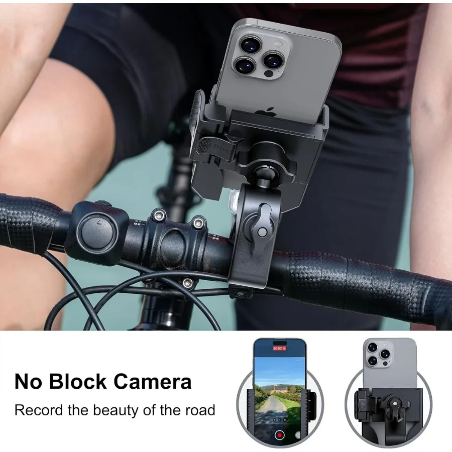 Bike Phone Mount Motorcycle Phone Holder with Not Block Camera for Secure Riding Universal Handlebar Cell Phone Clamp Compatibl