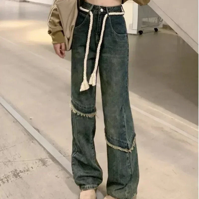 

High Waist Shot Pants for Woman Blue Straight Leg Women's Jeans Distressed Trousers with Pockets Hippie Gyaru Teenagers Unique A